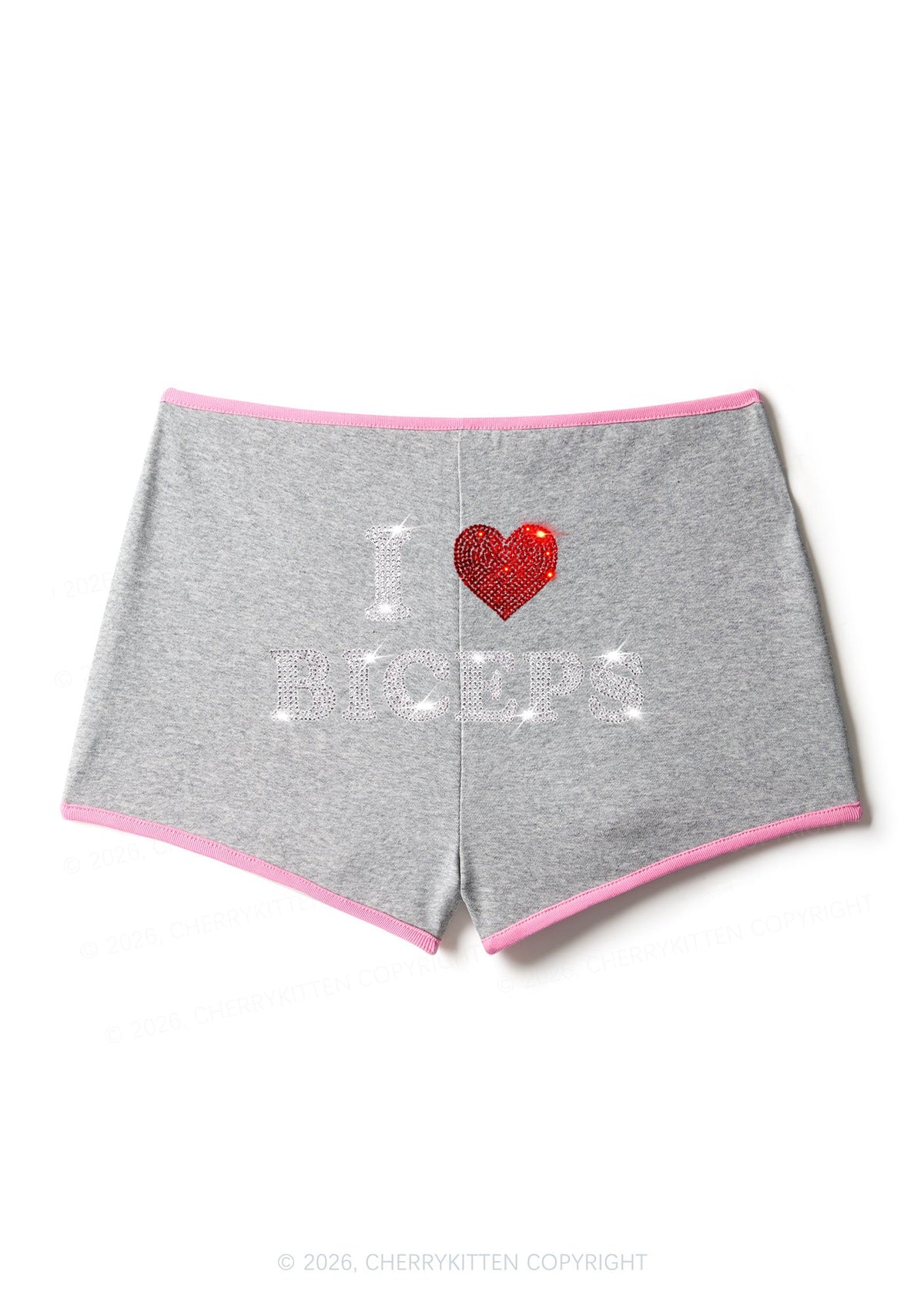Rhinestone I Love Biceps Y2K Booty Shorts Cherrykitten