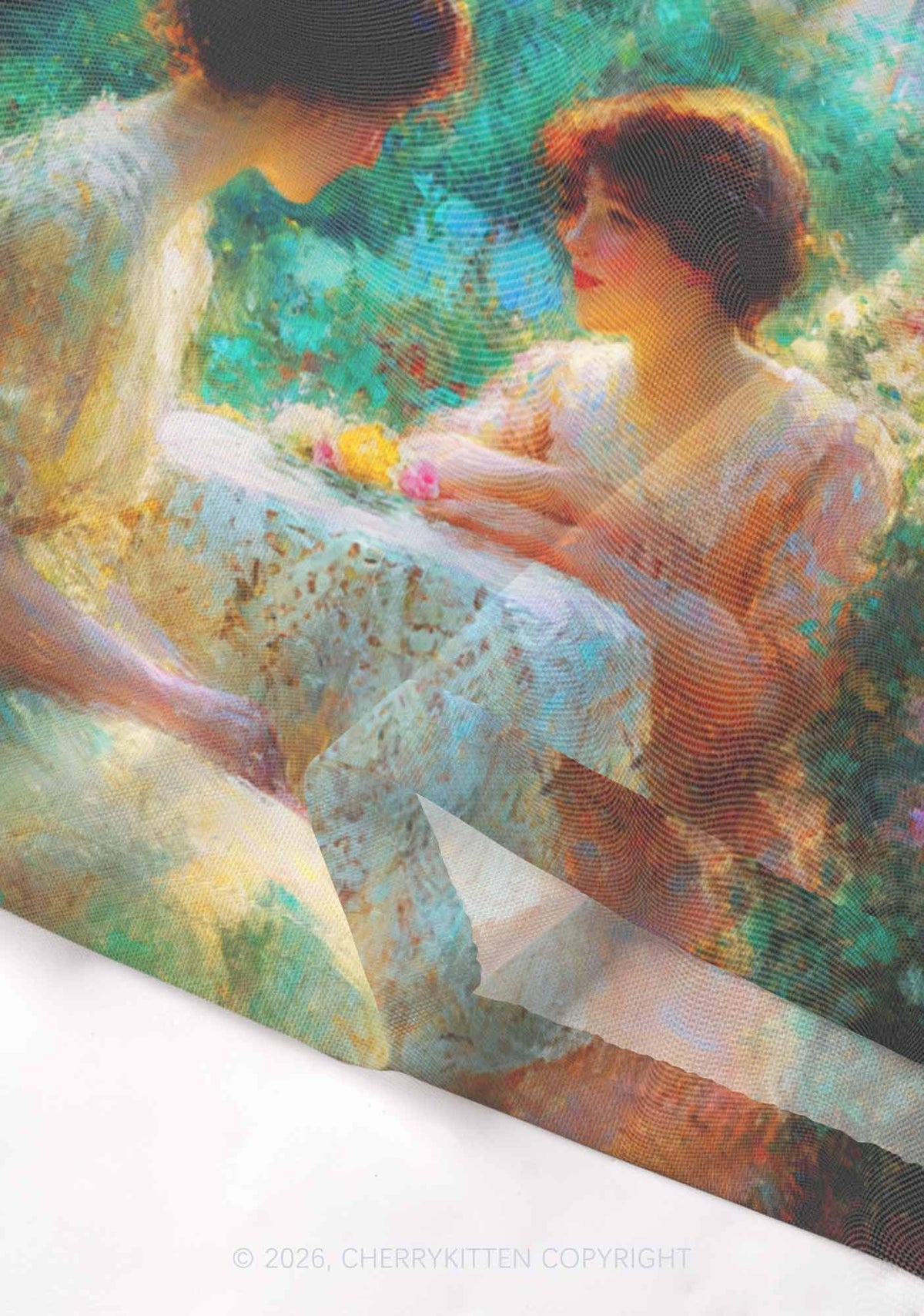 Garden Tea Scene Art Pride Y2K Mesh Crop Top Cherrykitten