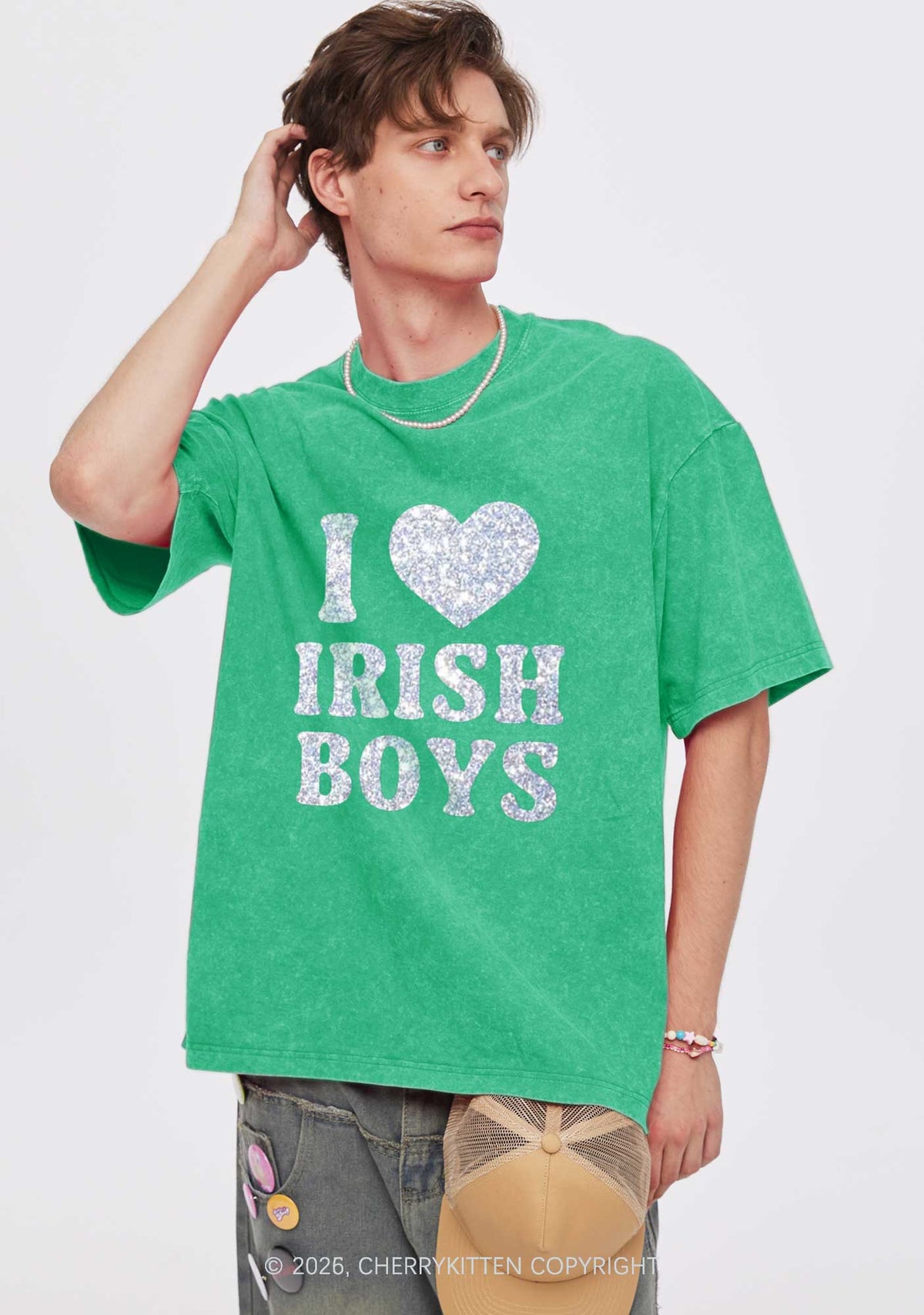 Glitter I Love Irish Boys St Patricks Y2K Shirts Washed Tee Cherrykitten
