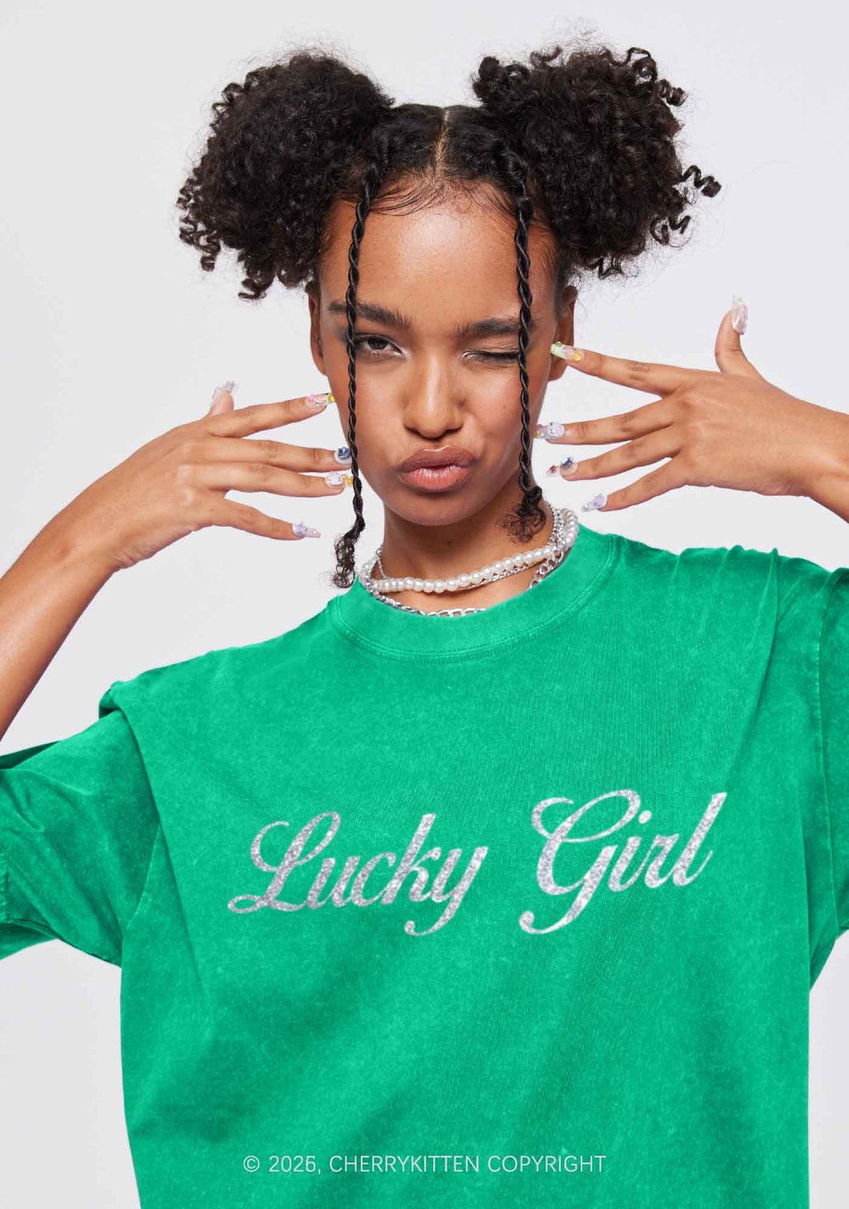 Glitter Lucky Girl St Patricks Y2K Shirts Washed Tee Cherrykitten