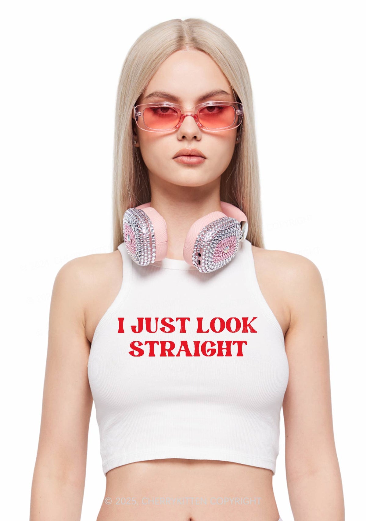 I Just Look Straight Y2K Crop Tank Top Cherrykitten