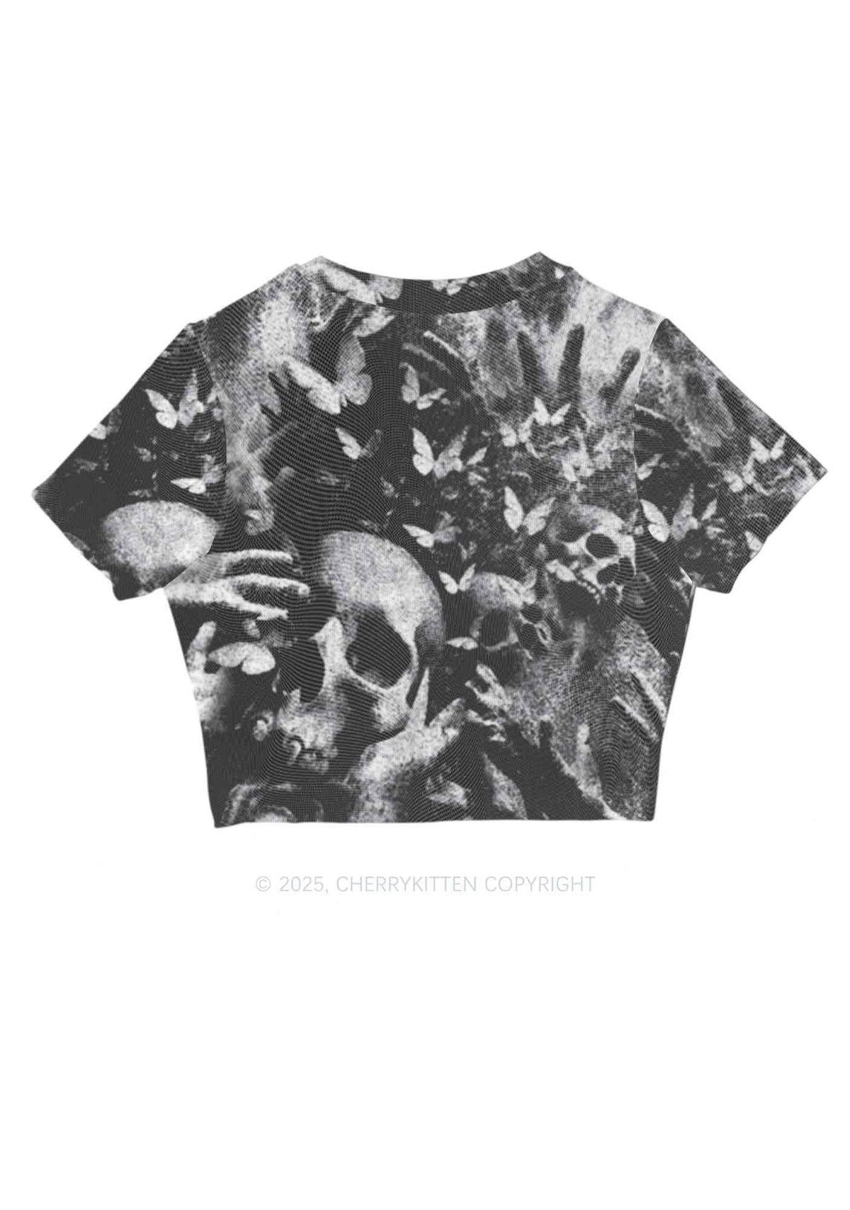 Halloween Gothic Skull Y2K Mesh Crop Top Cherrykitten