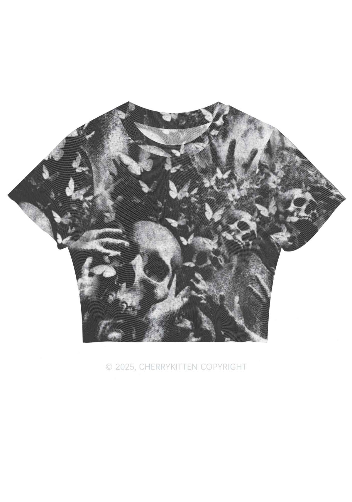 Halloween Gothic Skull Y2K Mesh Crop Top Cherrykitten