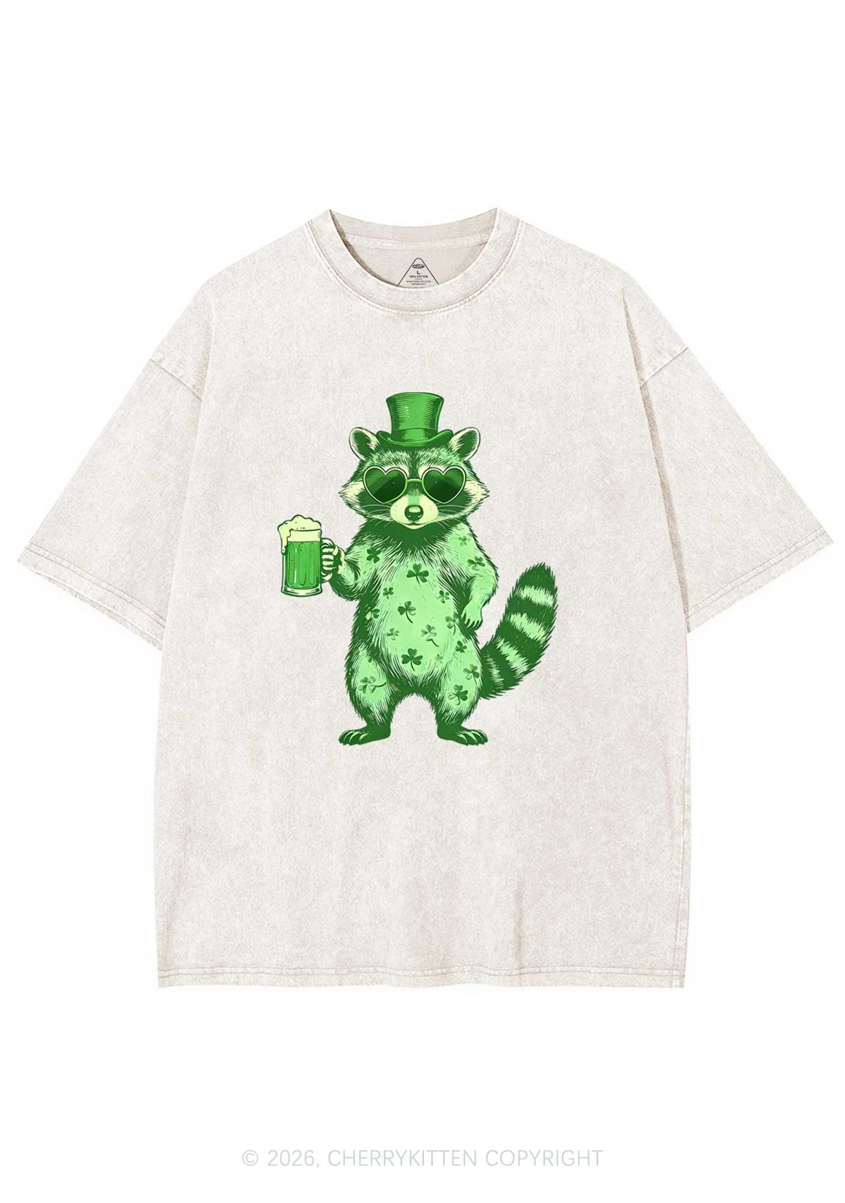 Green Feral Raccoon St Patricks Y2K Shirts Washed Tee Cherrykitten