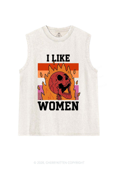 I Like Women Skull Pride Y2K Washed Muscle Tank Cherrykitten