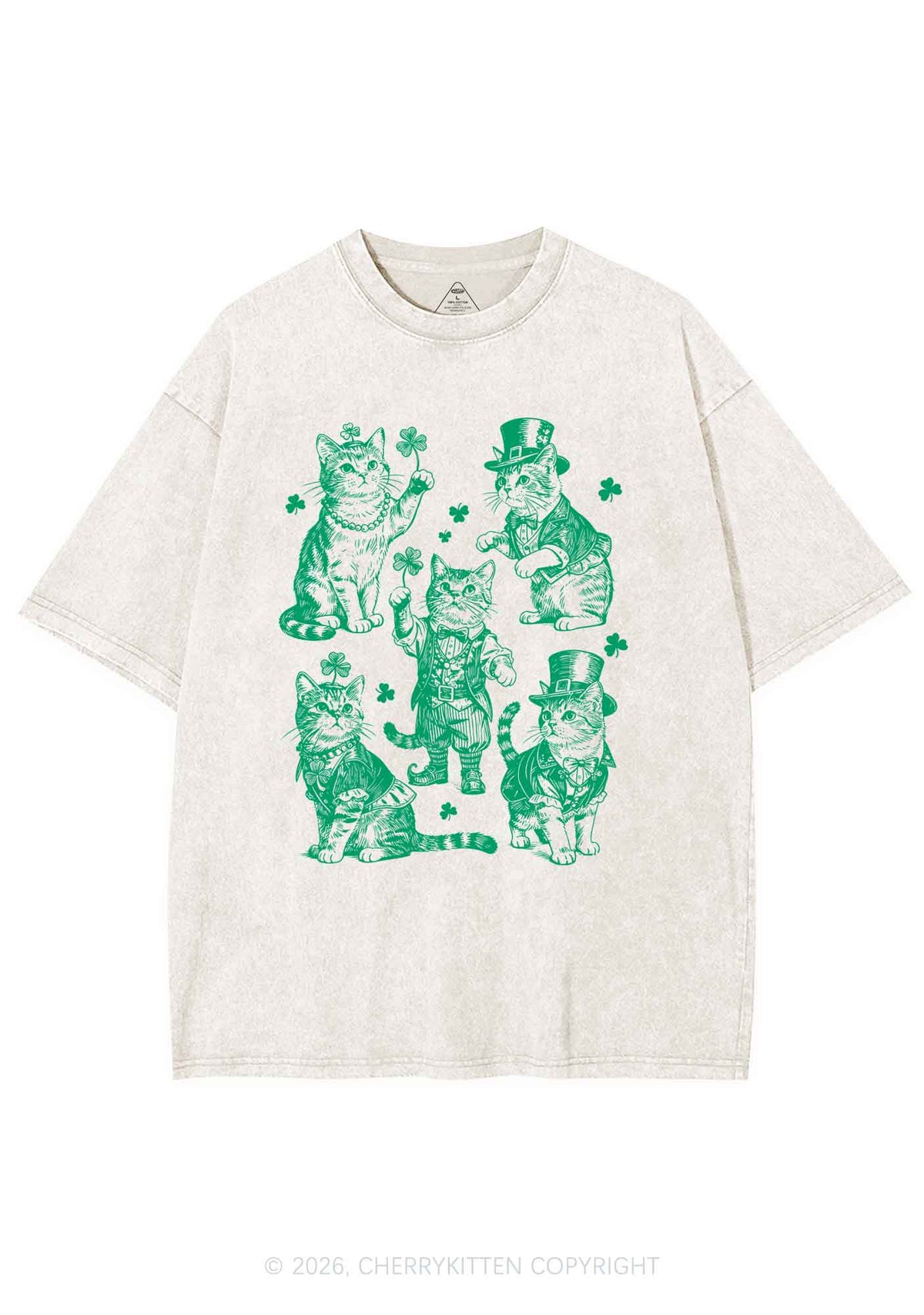 Green Lucky Cats St Patricks Y2K Shirts Washed Tee Cherrykitten