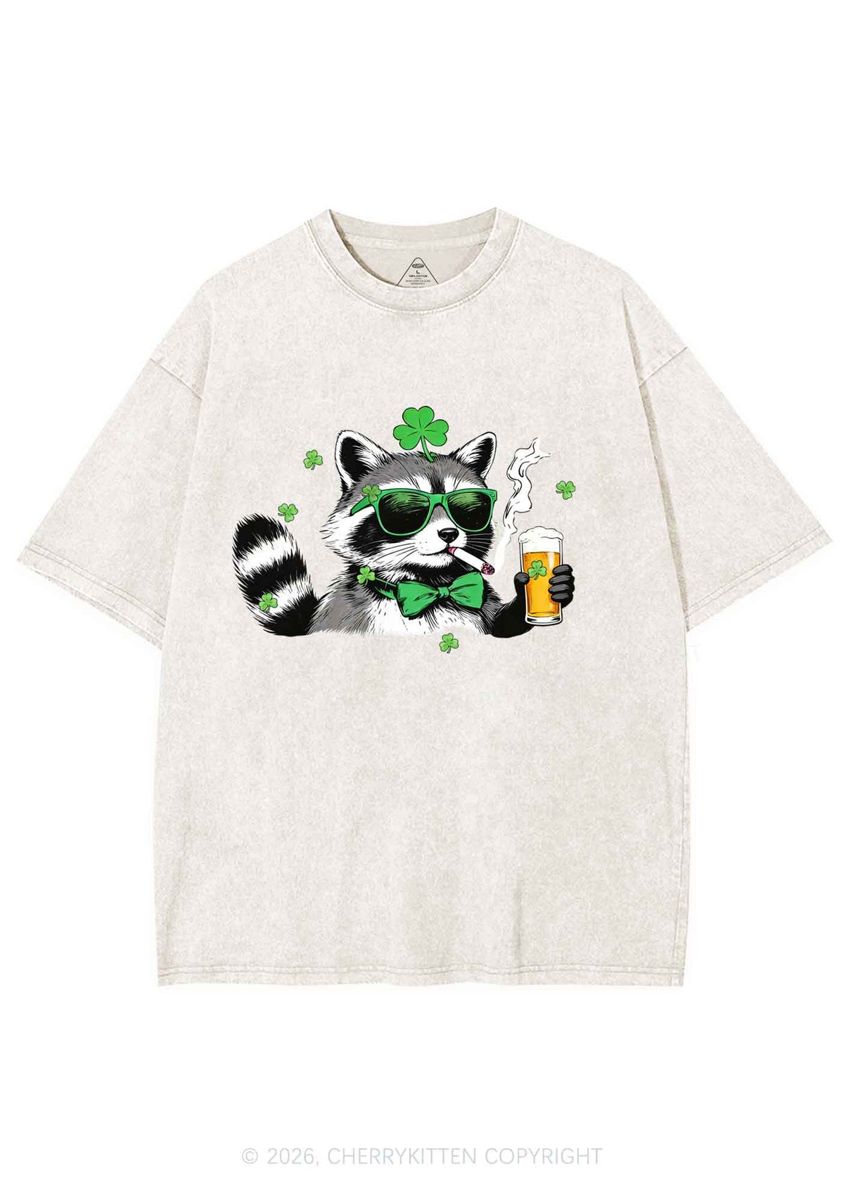 Shamrock Smoke Raccoon St Patricks Y2K Shirts Washed Tee Cherrykitten