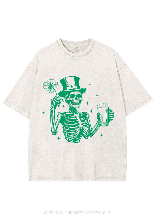 Green Skeleton St Patricks Y2K Shirts Washed Tee Cherrykitten