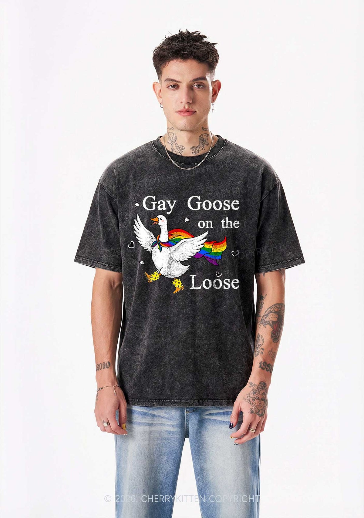 Gay Goose On The Loose Pride Y2K Shirts Washed Tee Cherrykitten