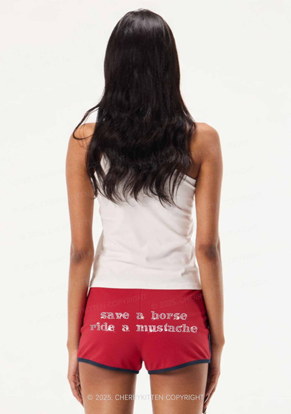 Rhinestone Ride A Mustache Y2K Booty Shorts Cherrykitten