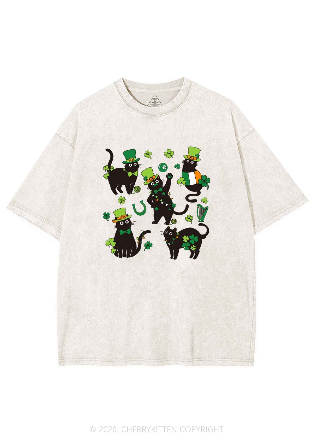 Shamrock Dancing Cats St Patricks Y2K Shirts Washed Tee Cherrykitten