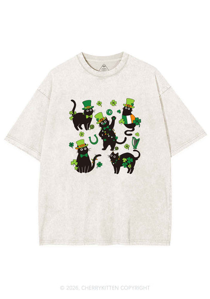 Shamrock Dancing Cats St Patricks Y2K Shirts Washed Tee Cherrykitten