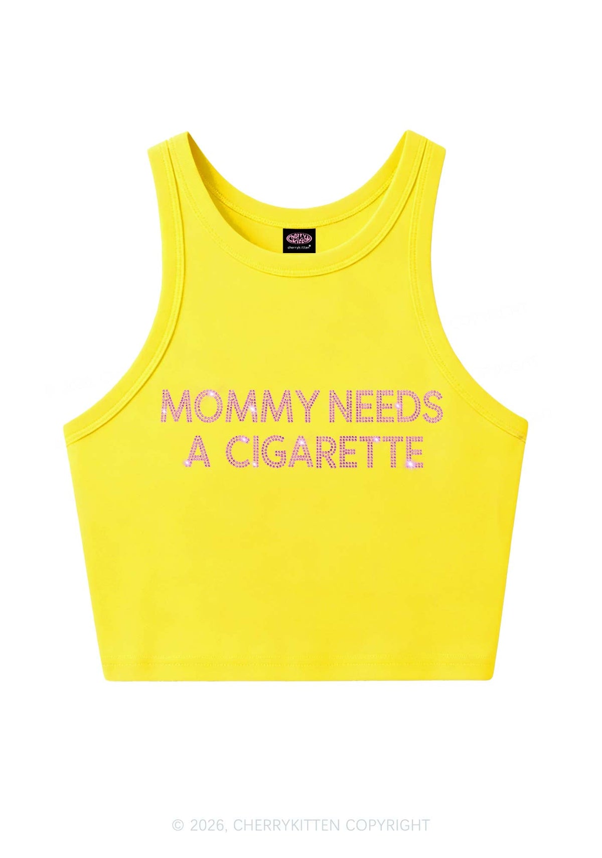 Rhinestone Mommy Needs Cigarette Y2K Crop Tank Top Cherrykitten