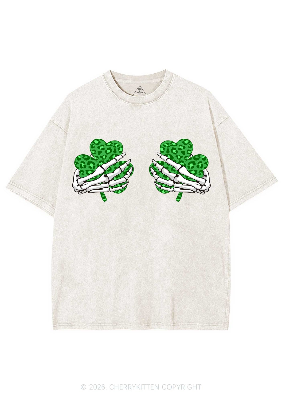 Skeleton Leopard Shamrock St Patricks Y2K Shirts Washed Tee Cherrykitten