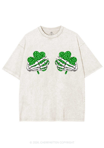 Skeleton Leopard Shamrock St Patricks Y2K Shirts Washed Tee Cherrykitten
