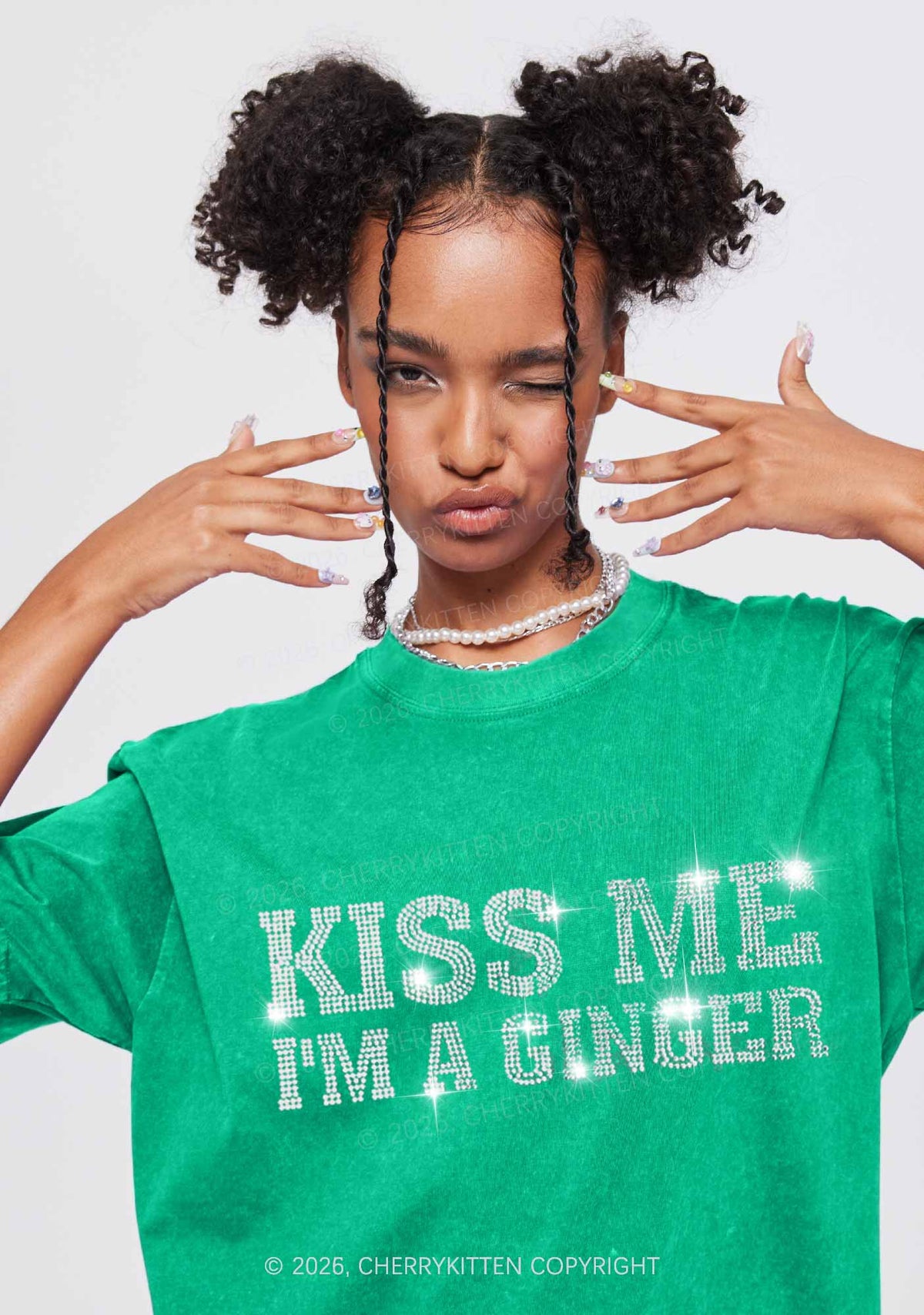 Rhinestone Kiss Me Im Ginger St Patricks Y2K Shirts Washed Tee Cherrykitten