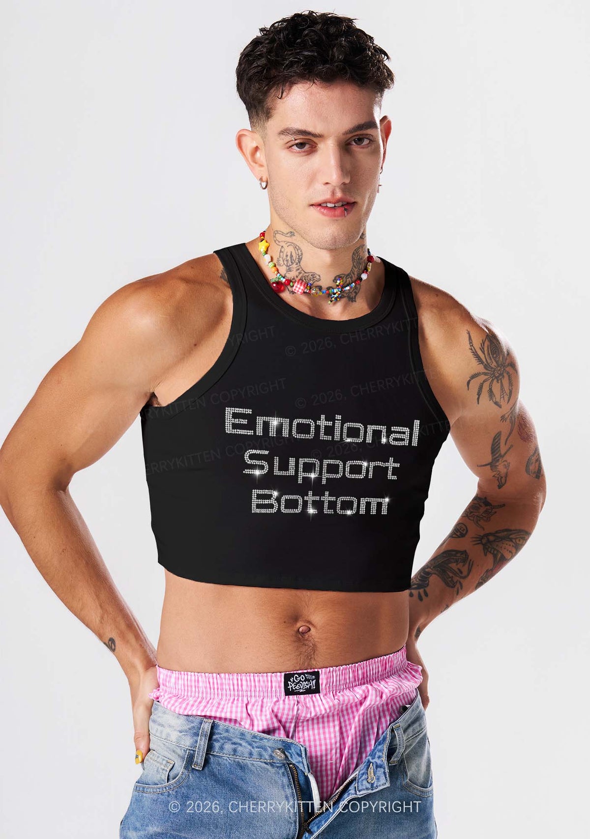 Rhinestone Emotional Support Bottom Pride Y2K Crop Tank Top Cherrykitten