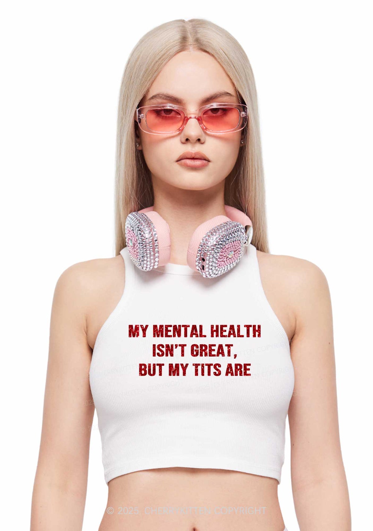 Glitter My Mental Health Isnt Great Y2K Crop Tank Top Cherrykitten
