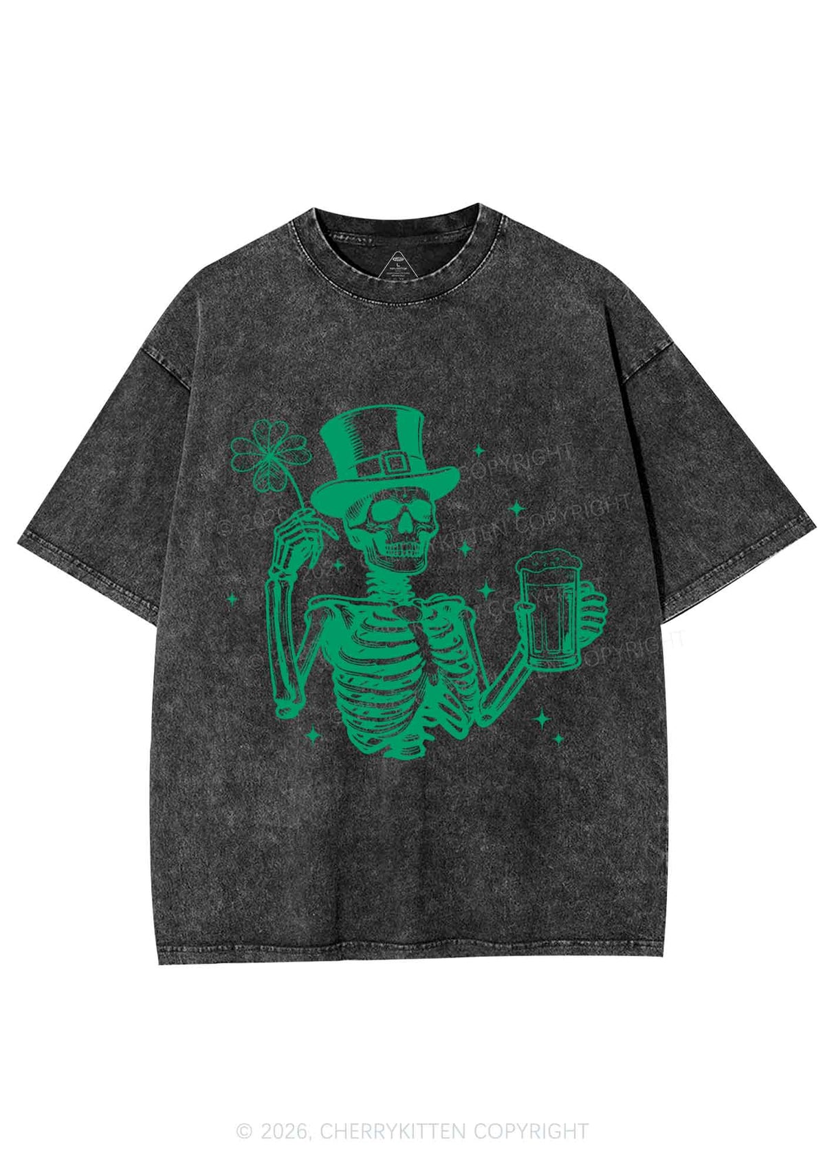 Green Skeleton St Patricks Y2K Shirts Washed Tee Cherrykitten