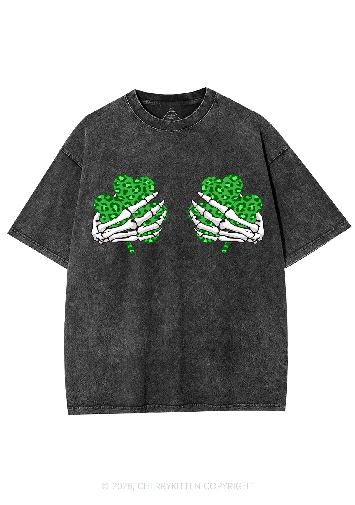 Skeleton Leopard Shamrock St Patricks Y2K Shirts Washed Tee Cherrykitten