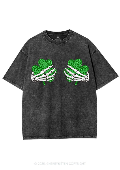 Skeleton Leopard Shamrock St Patricks Y2K Shirts Washed Tee Cherrykitten