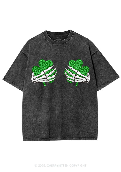 Skeleton Leopard Shamrock St Patricks Y2K Shirts Washed Tee Cherrykitten