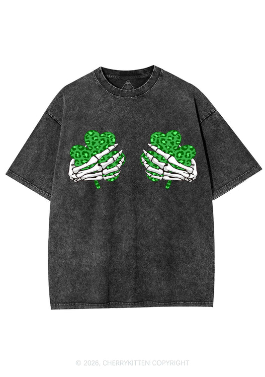 Skeleton Leopard Shamrock St Patricks Y2K Shirts Washed Tee Cherrykitten