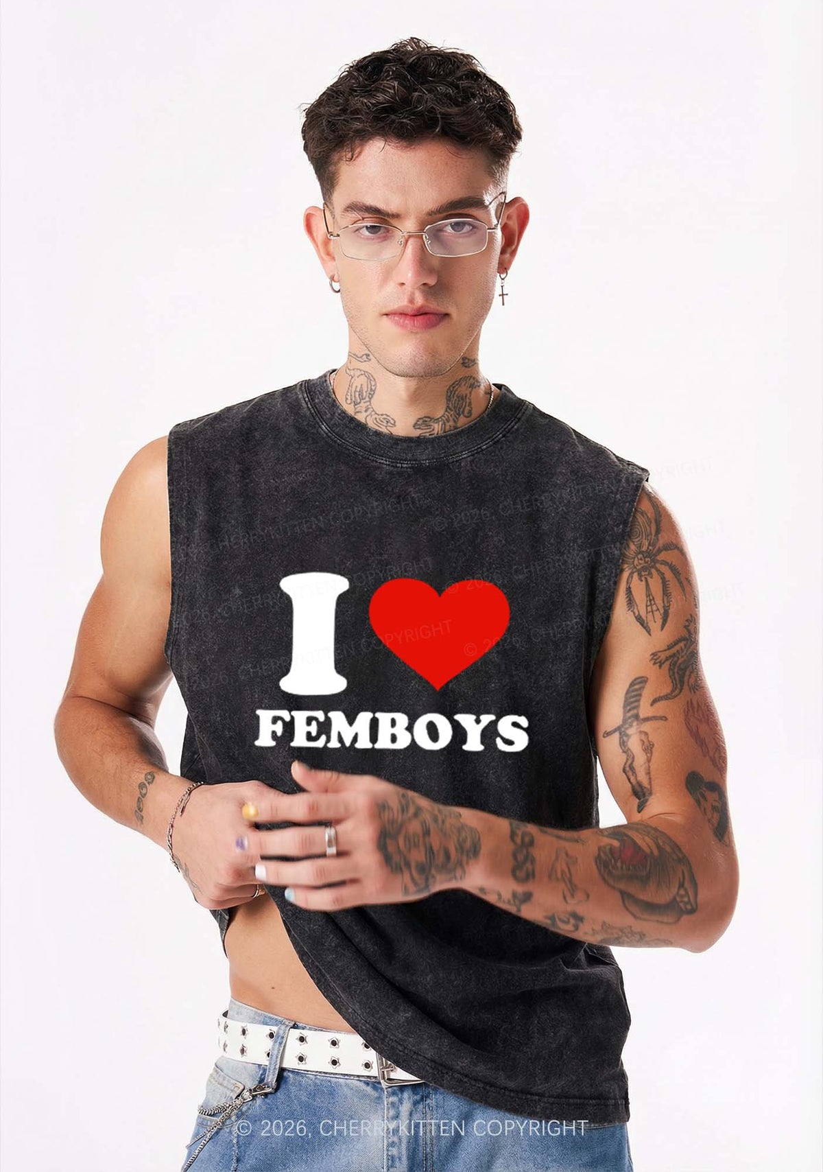 I Love Femboys Pride Y2K Washed Muscle Tank Cherrykitten