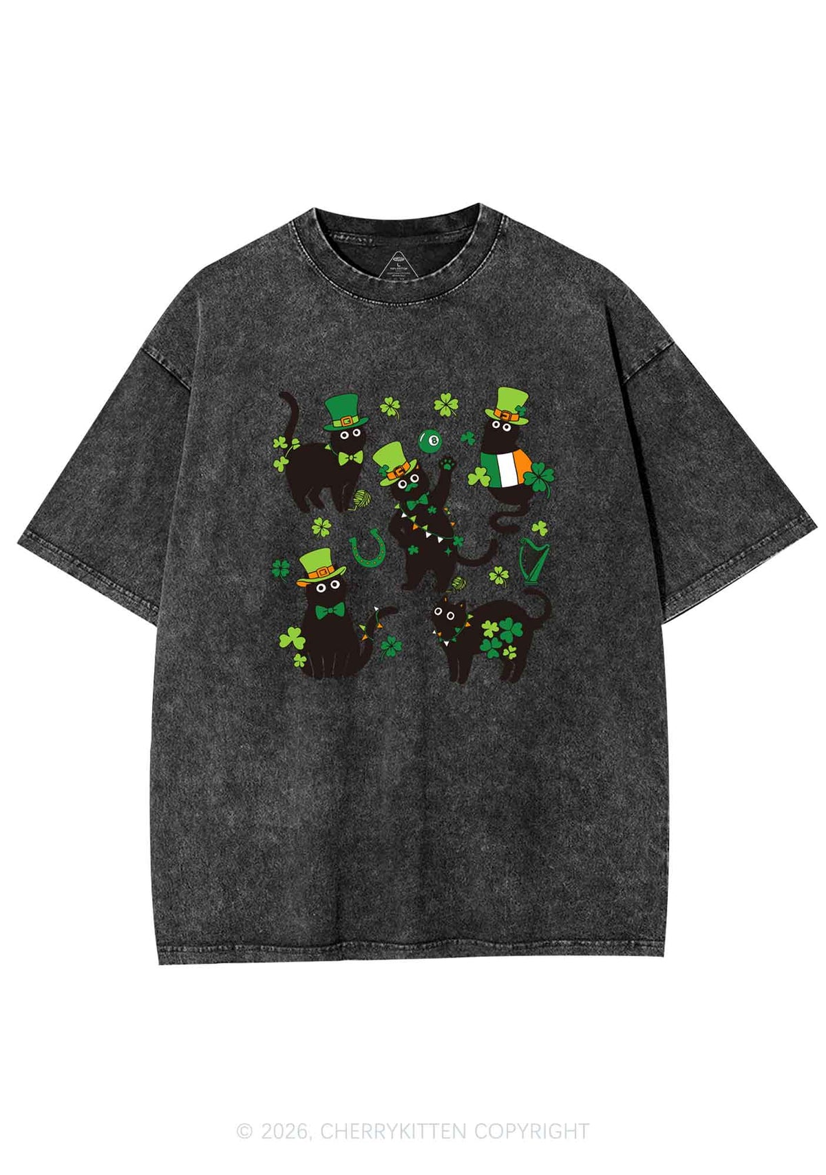 Shamrock Dancing Cats St Patricks Y2K Shirts Washed Tee Cherrykitten