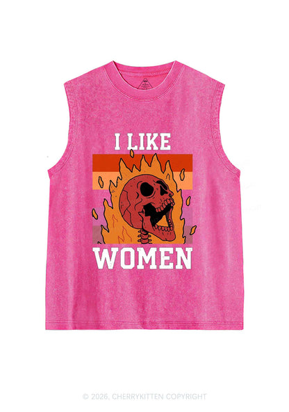 I Like Women Skull Pride Y2K Washed Muscle Tank Cherrykitten