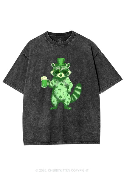Green Feral Raccoon St Patricks Y2K Shirts Washed Tee Cherrykitten