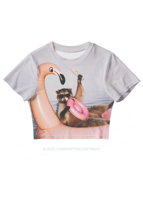 Flamingo Raccoon Y2K Mesh Crop Top Cherrykitten