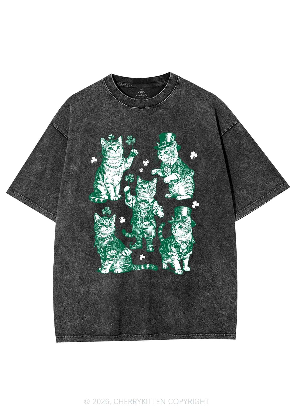 Green Lucky Cats St Patricks Y2K Shirts Washed Tee Cherrykitten