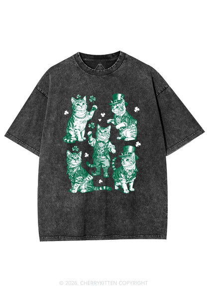 Green Lucky Cats St Patricks Y2K Shirts Washed Tee Cherrykitten