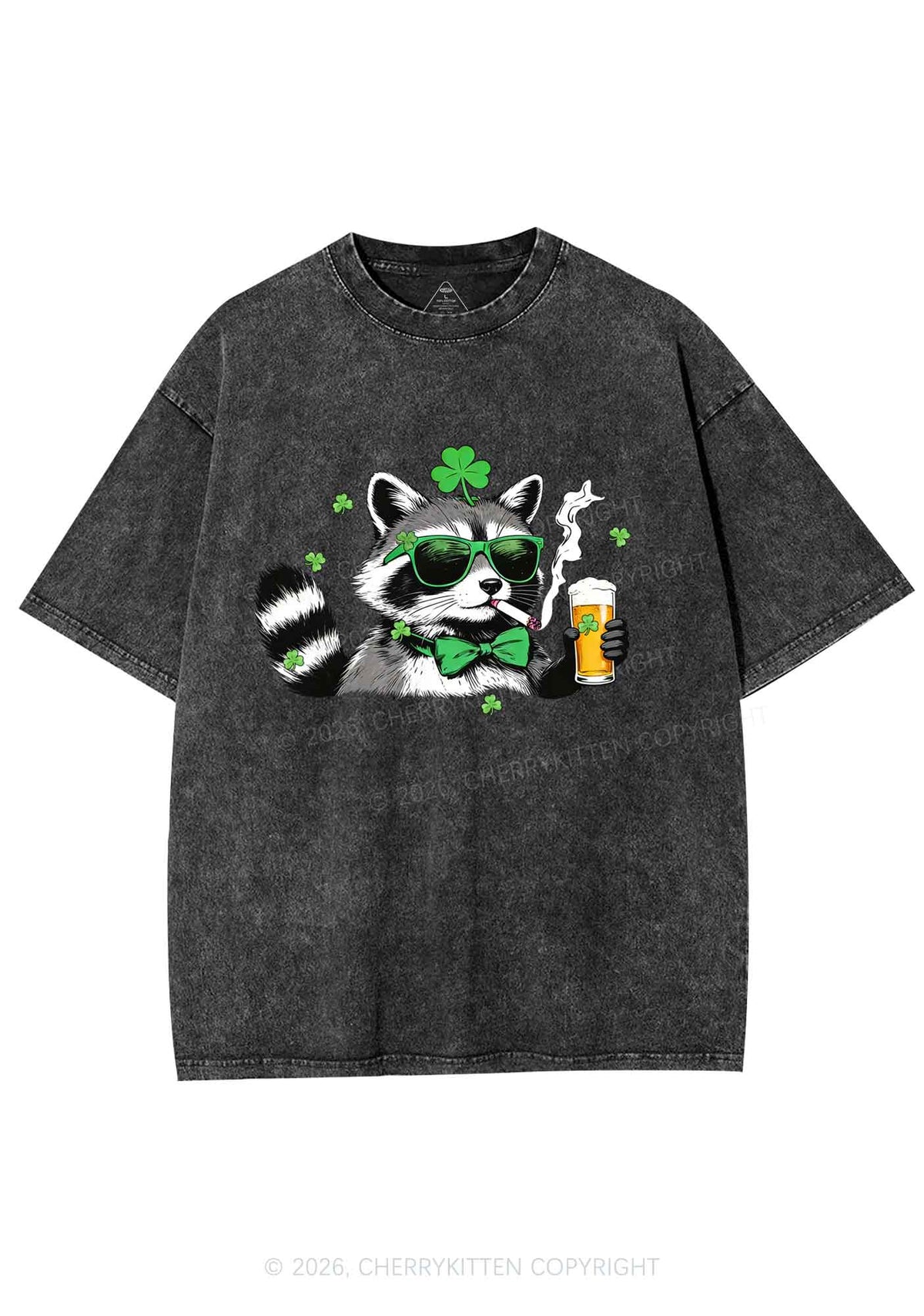 Shamrock Smoke Raccoon St Patricks Y2K Shirts Washed Tee Cherrykitten