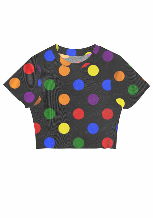 Rainbow Dots On Black Pride Y2K Mesh Crop Top Cherrykitten