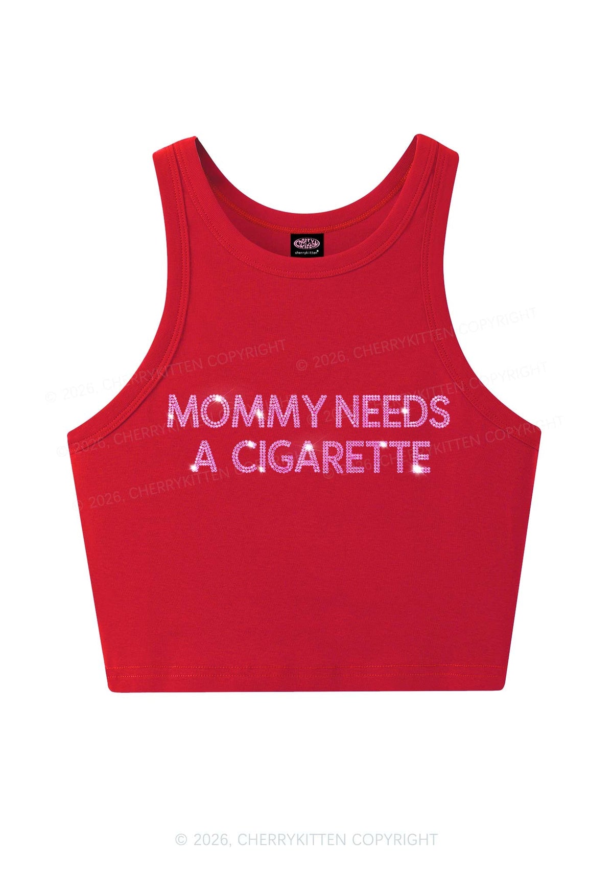 Rhinestone Mommy Needs Cigarette Y2K Crop Tank Top Cherrykitten