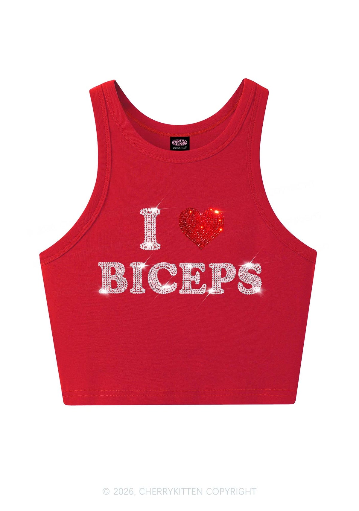 Rhinestone I Love Biceps Y2K Crop Tank Top Cherrykitten