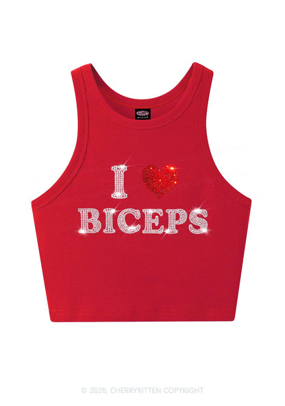 Rhinestone I Love Biceps Y2K Crop Tank Top Cherrykitten