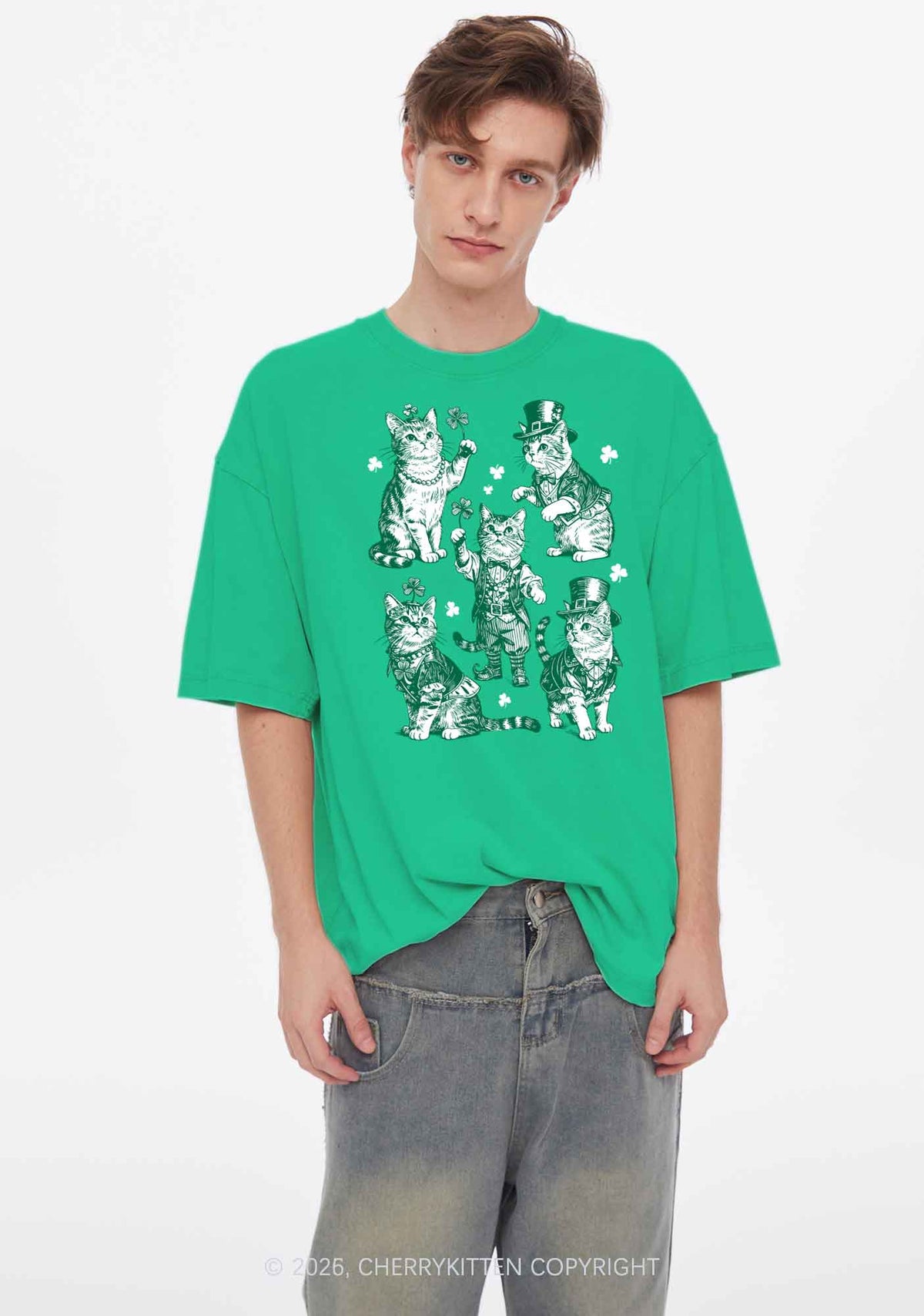Green Lucky Cats St Patricks Y2K Shirts Washed Tee Cherrykitten
