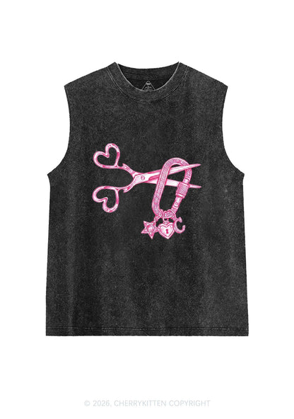 Pink Scissors Lock Charm Pride Y2K Washed Muscle Tank Cherrykitten