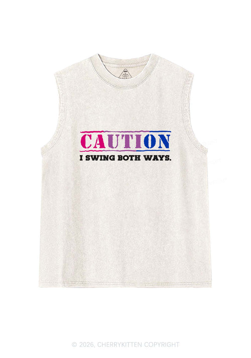 Caution I Swing Both Ways Pride Y2K Washed Muscle Tank Cherrykitten