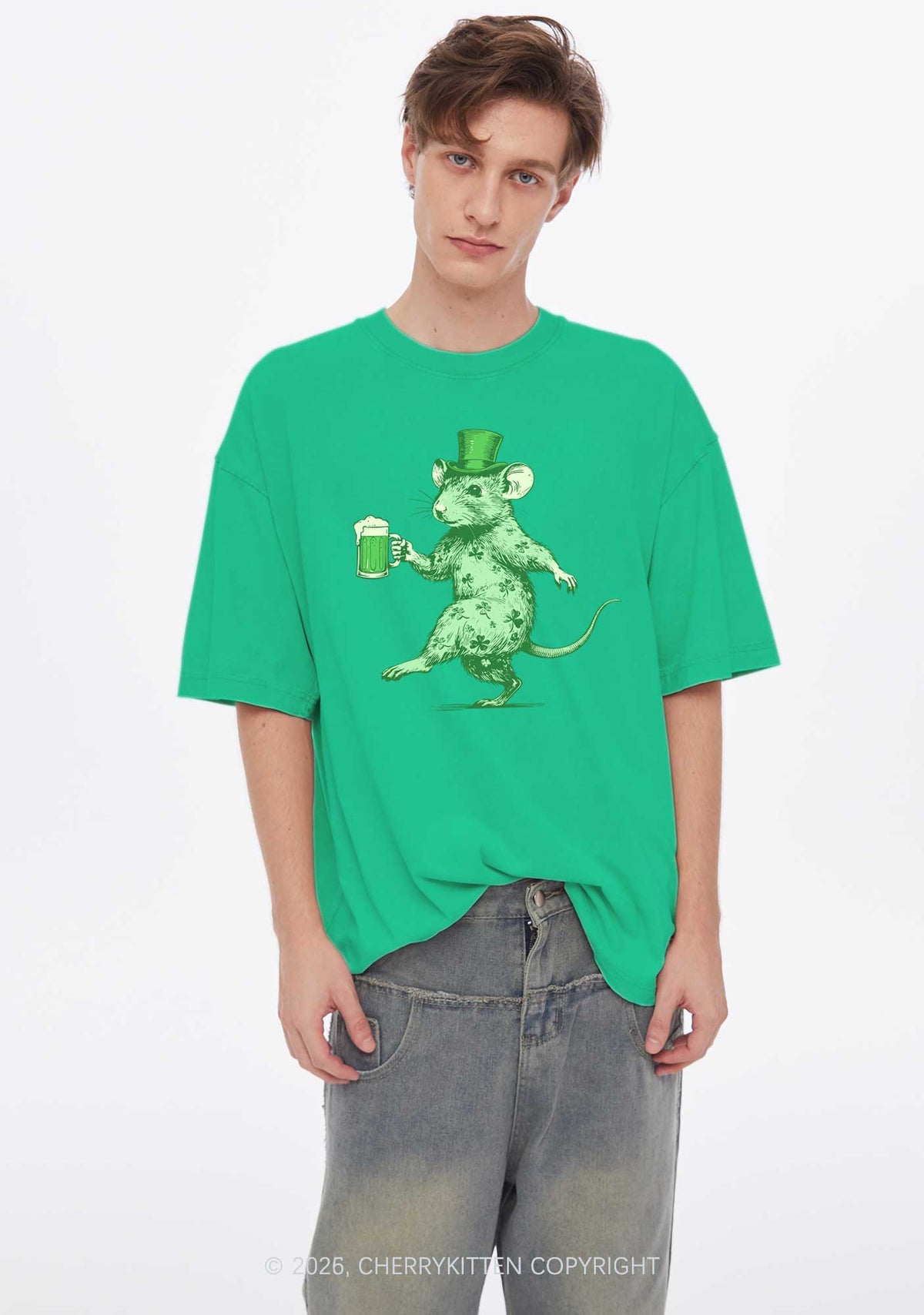 Green Drunk Rat St Patricks Y2K Shirts Washed Tee Cherrykitten
