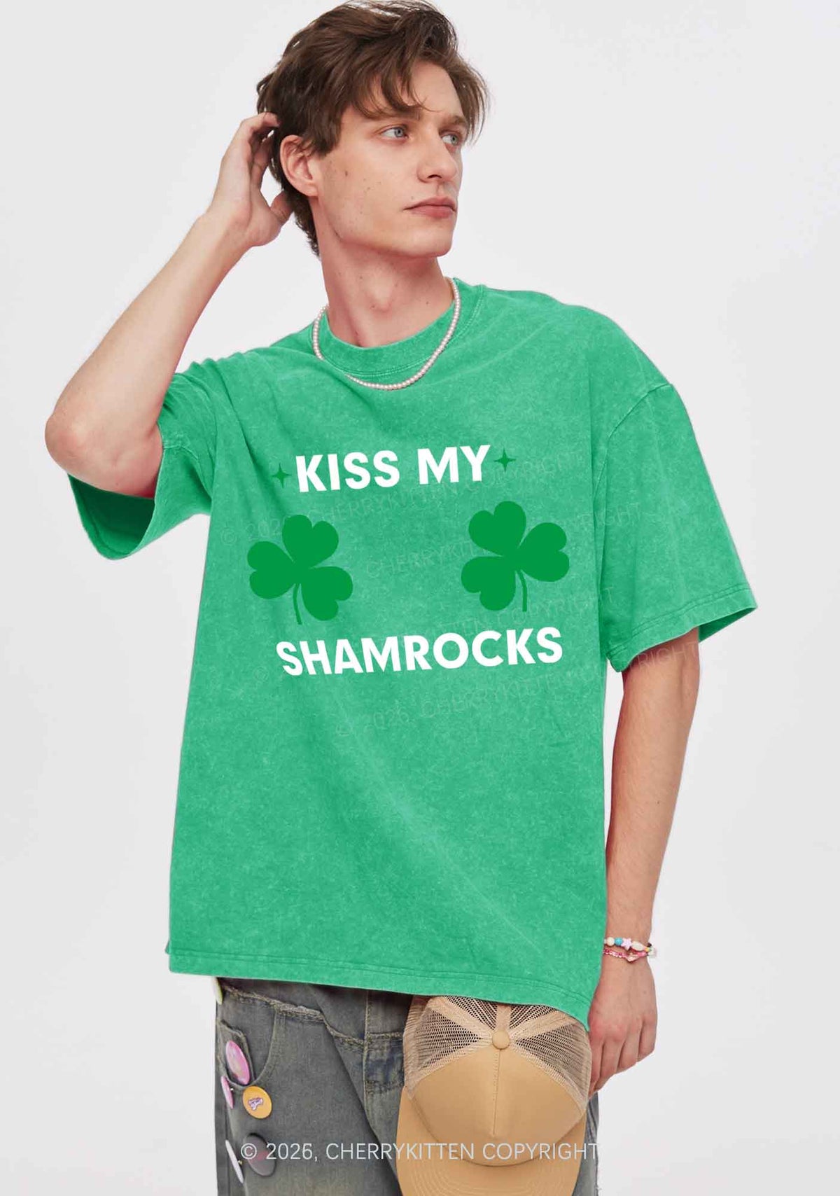 Kiss My Shamrocks St Patricks Y2K Shirts Washed Tee Cherrykitten
