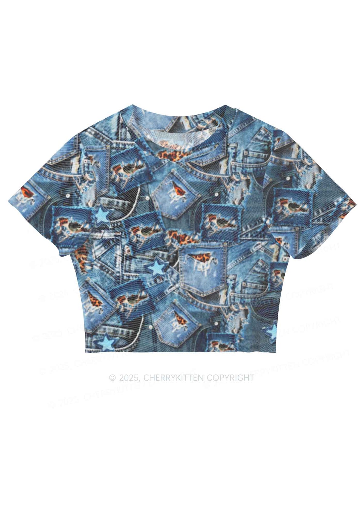 Denim Patchwork Y2K Mesh Crop Top Cherrykitten
