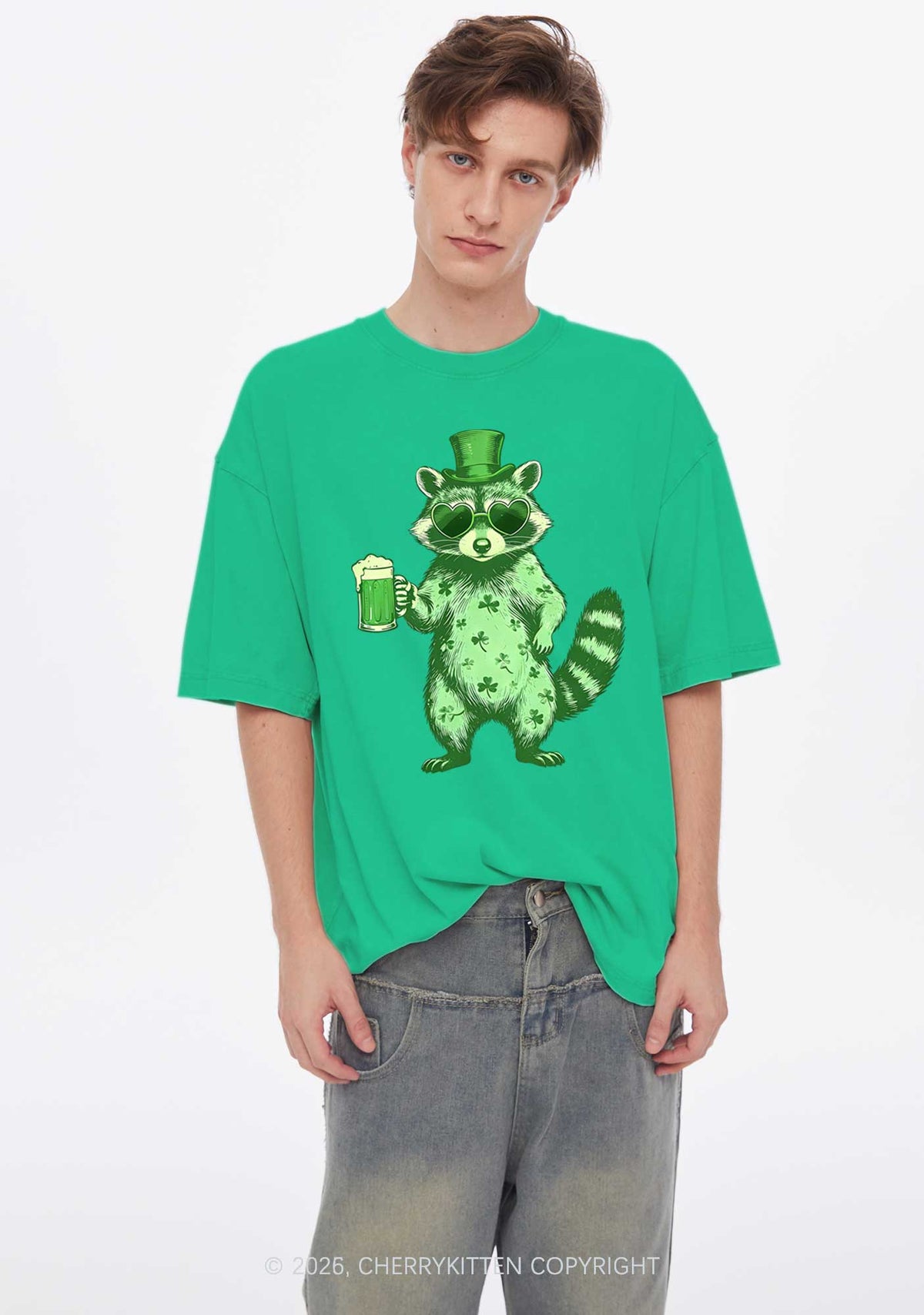 Green Feral Raccoon St Patricks Y2K Shirts Washed Tee Cherrykitten