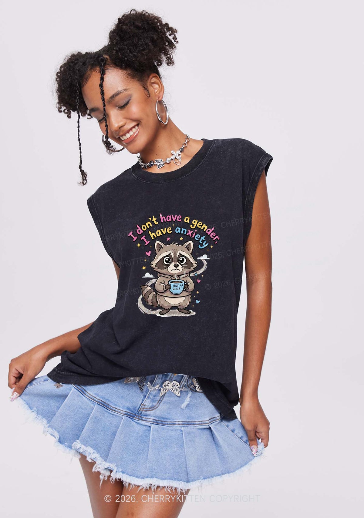 Raccoon I dont Have A Gender Pride Y2K Washed Muscle Tank Cherrykitten