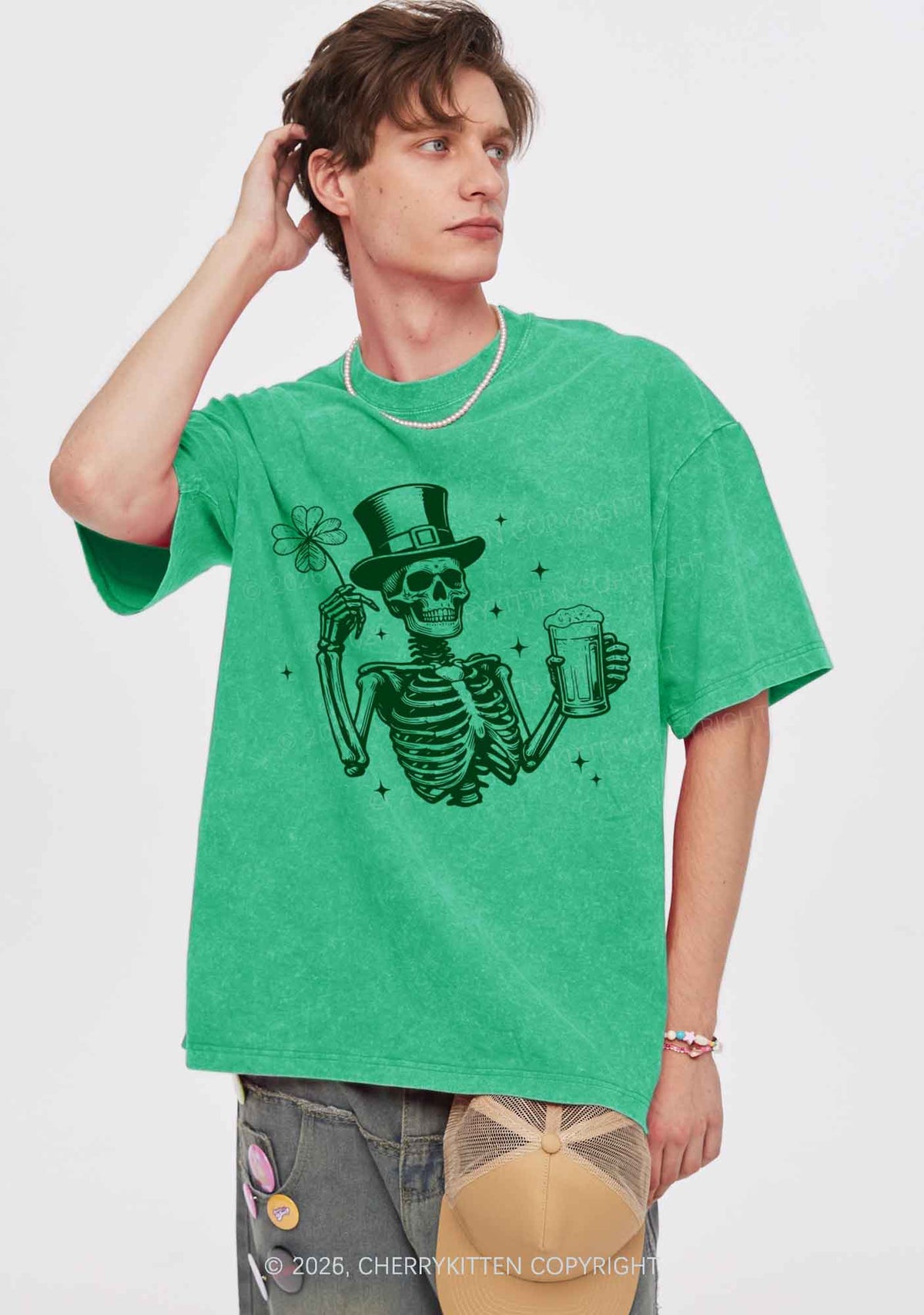 Green Skeleton St Patricks Y2K Shirts Washed Tee Cherrykitten