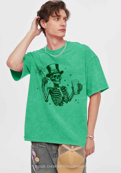 Green Skeleton St Patricks Y2K Shirts Washed Tee Cherrykitten