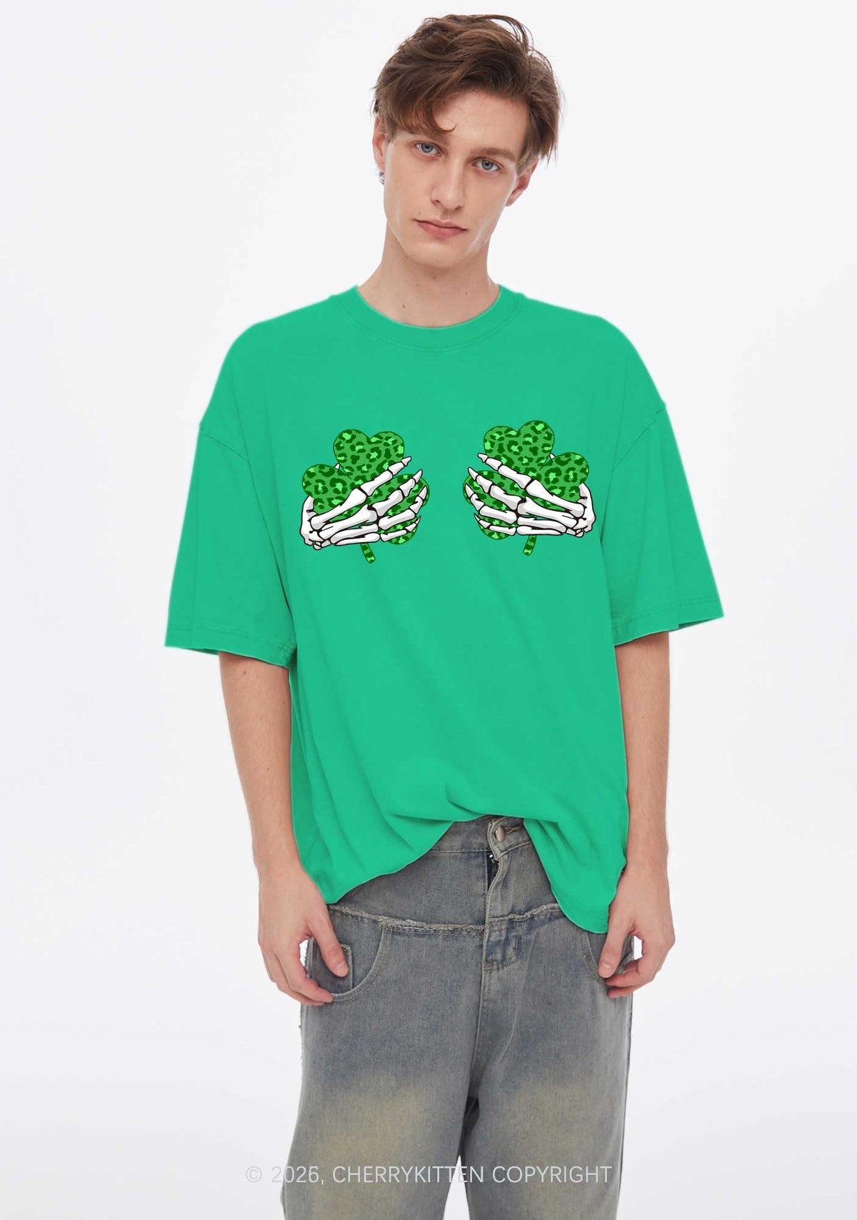 Skeleton Leopard Shamrock St Patricks Y2K Shirts Washed Tee Cherrykitten